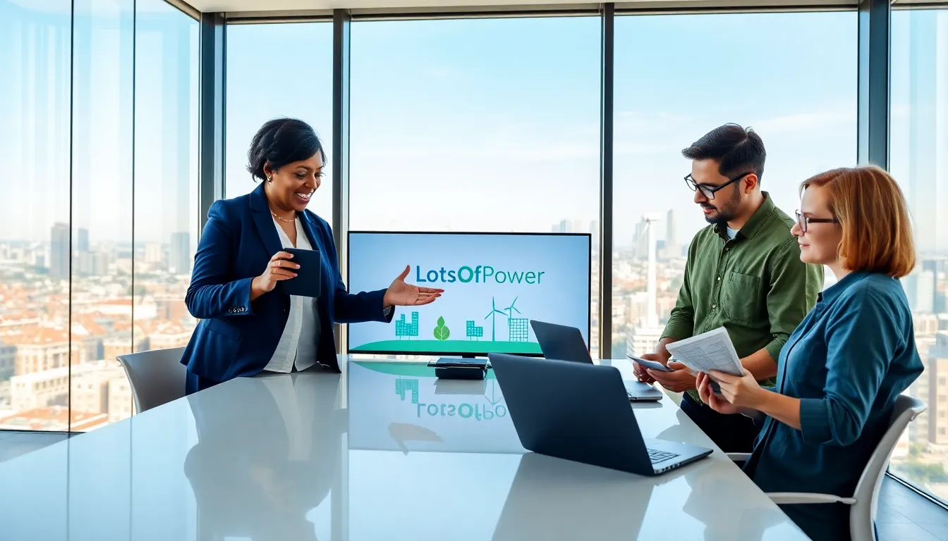 professionals discussing renewable energy solutions in a modern office.