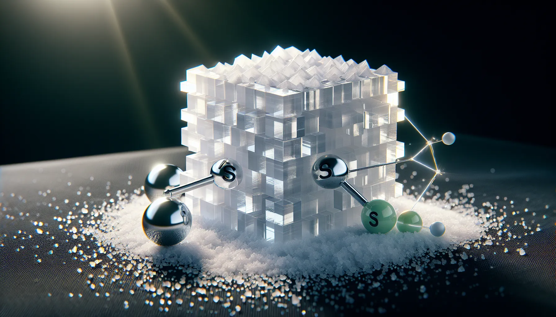 a crystallized structure of table salt with representations of sodium and chlorine ions.