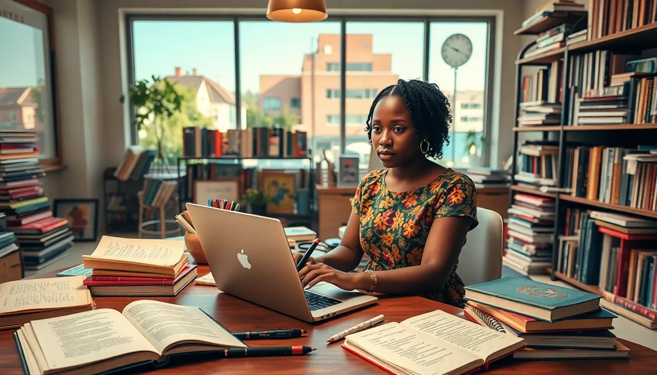 A young woman writing in a vibrant, creative workspace.