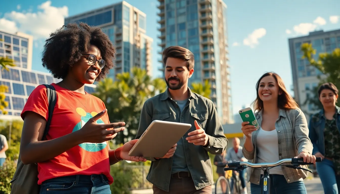 a diverse group discussing renewable energy in an urban setting.