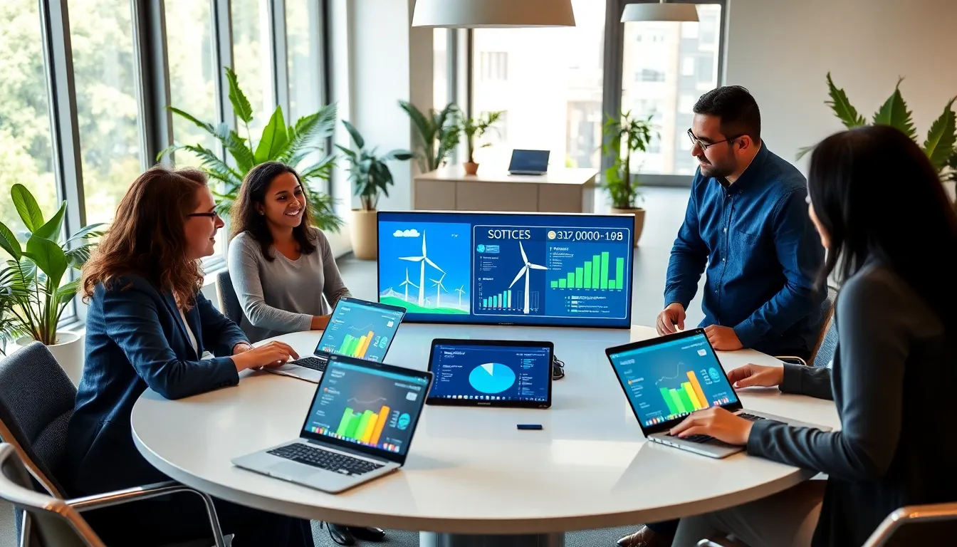diverse professionals discussing sustainable technology solutions in a modern office.