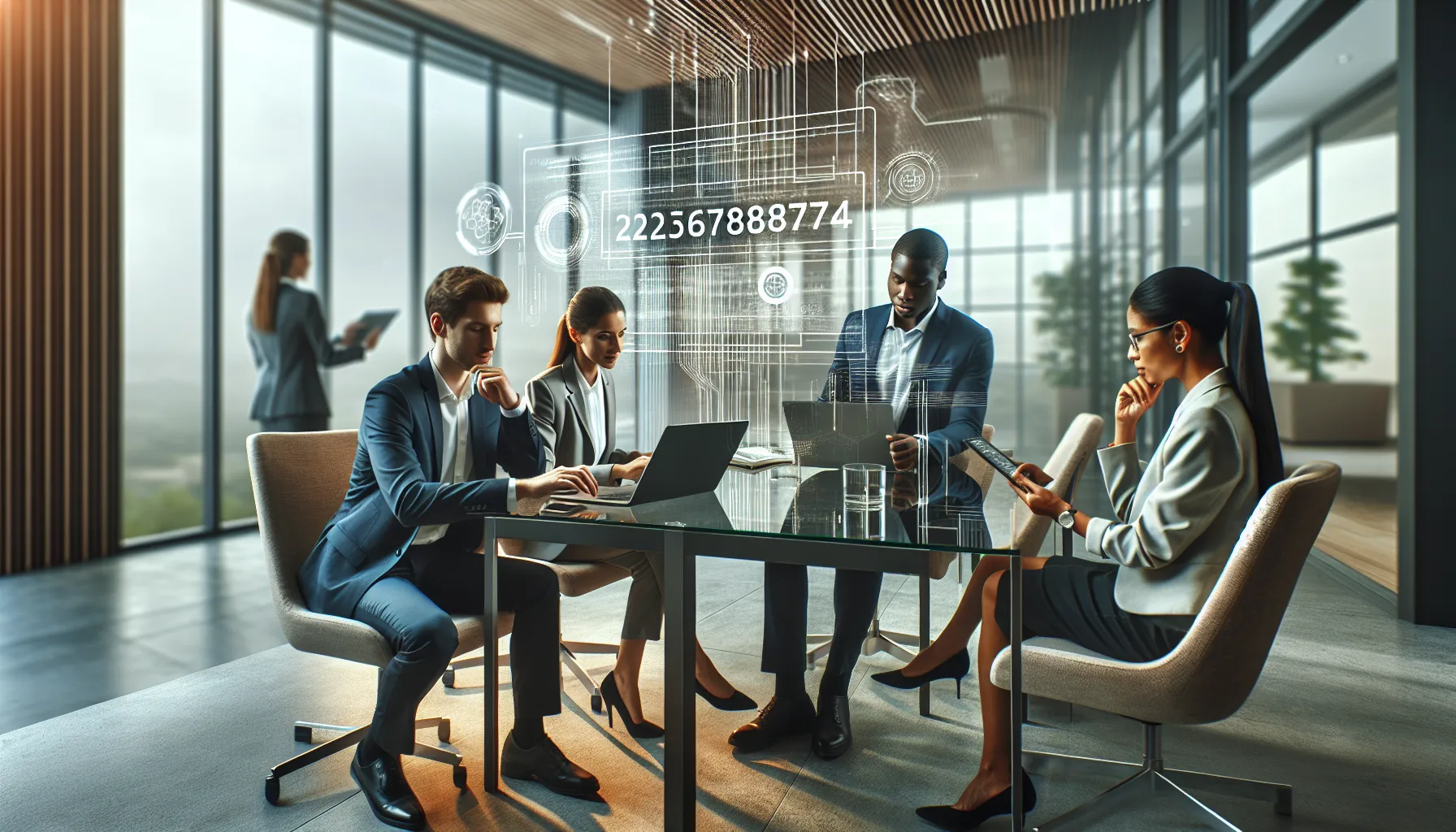 diverse team discussing a number in a modern office setting.