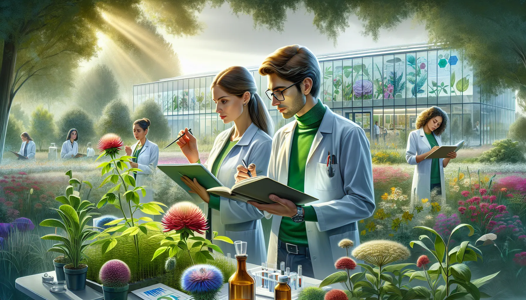 diverse team studying and preserving plants in a garden setting.