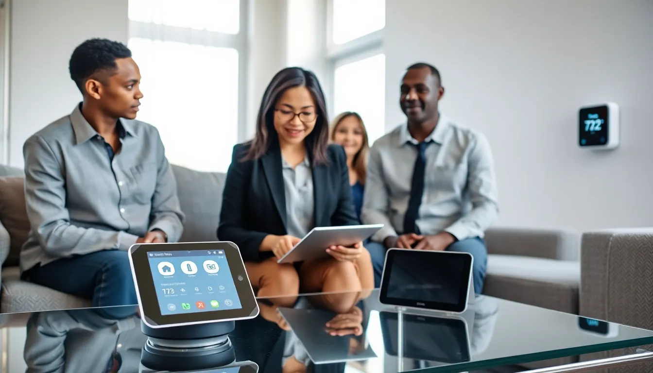 diverse group using smart home devices in a modern living room.