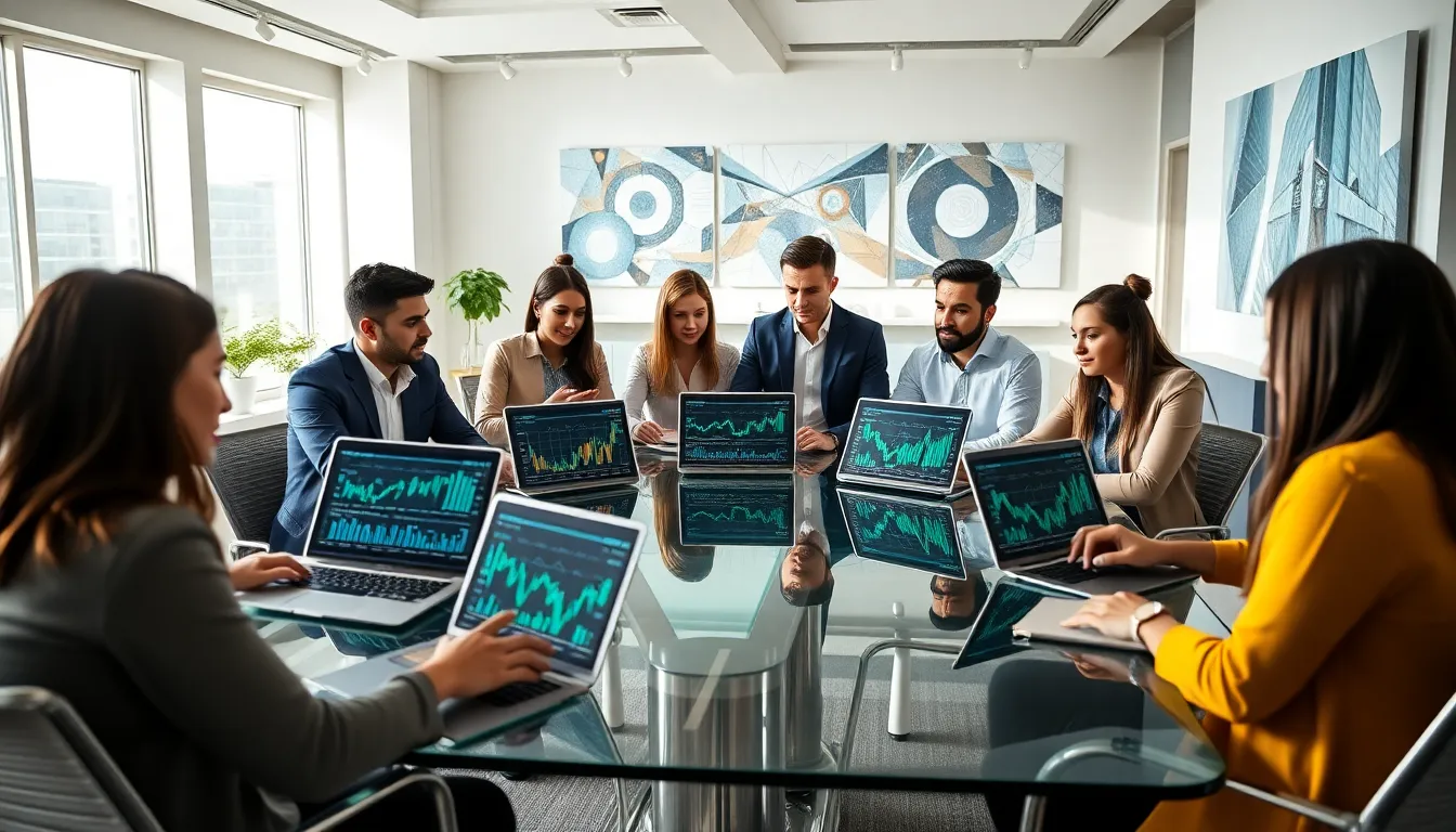 diverse team discussing cryptocoins in a modern office setting.