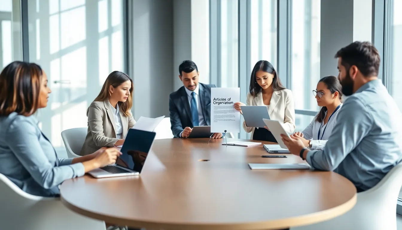 diverse team discussing Articles of Organization in a modern office.