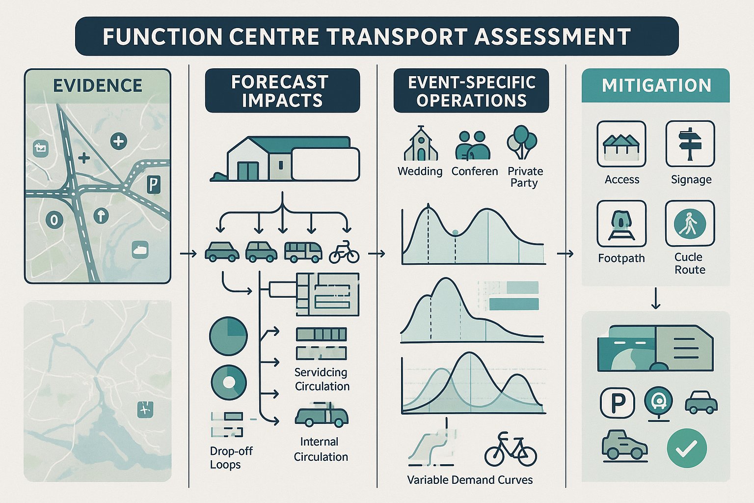 Infographic showing stages of a function centre transport assessment in the UK.