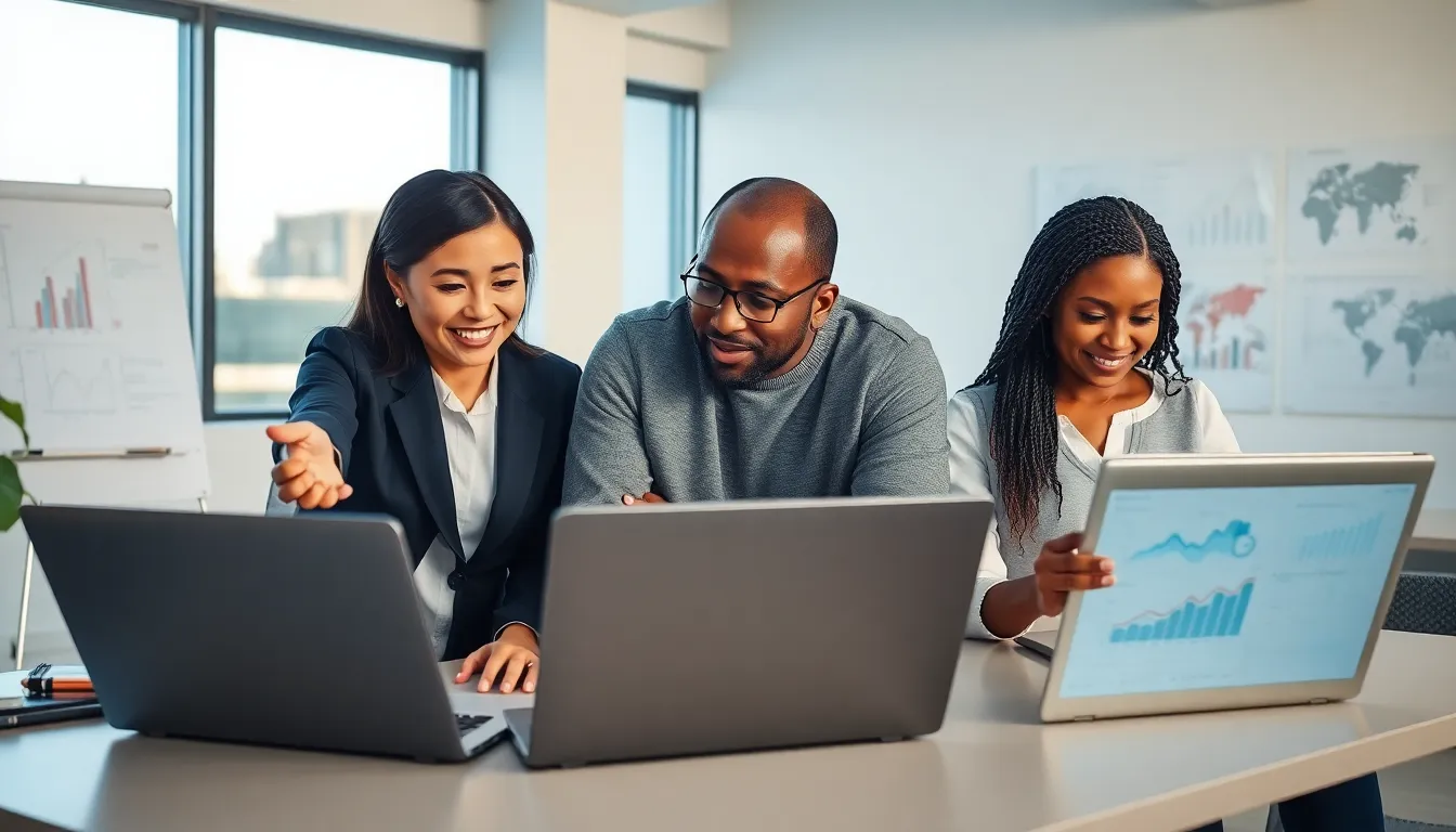 diverse professionals collaborating over the Eve2876 application in a modern office.