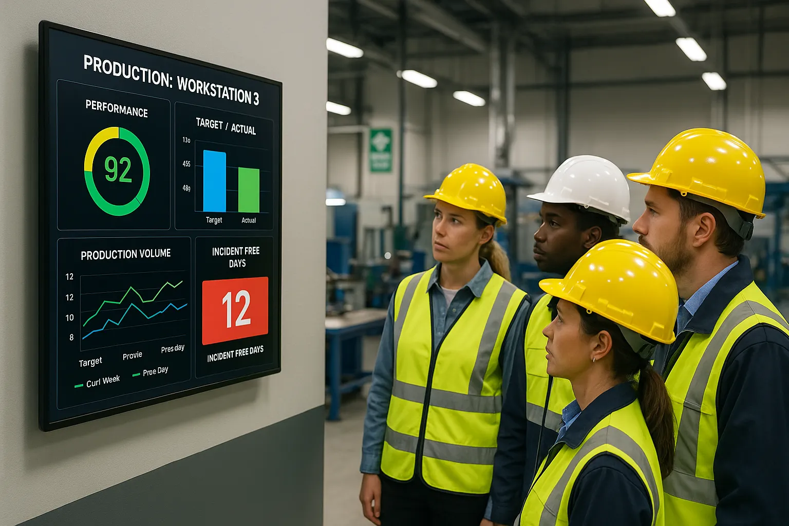 Factory workers viewing digital signage display with KPI dashboards in modern manufacturing facility.