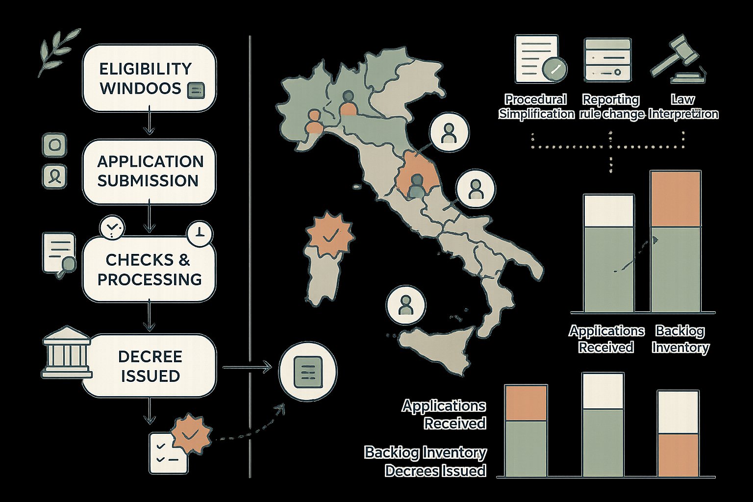 Illustrazione che collega il processo di naturalizzazione italiana, i cambiamenti amministrativi e i dati regionali.