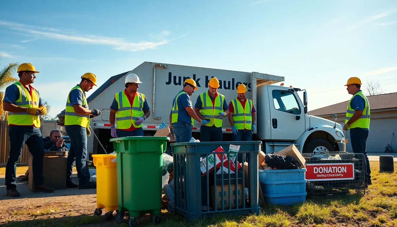 diverse junk haulers working together in Fresno outdoors.
