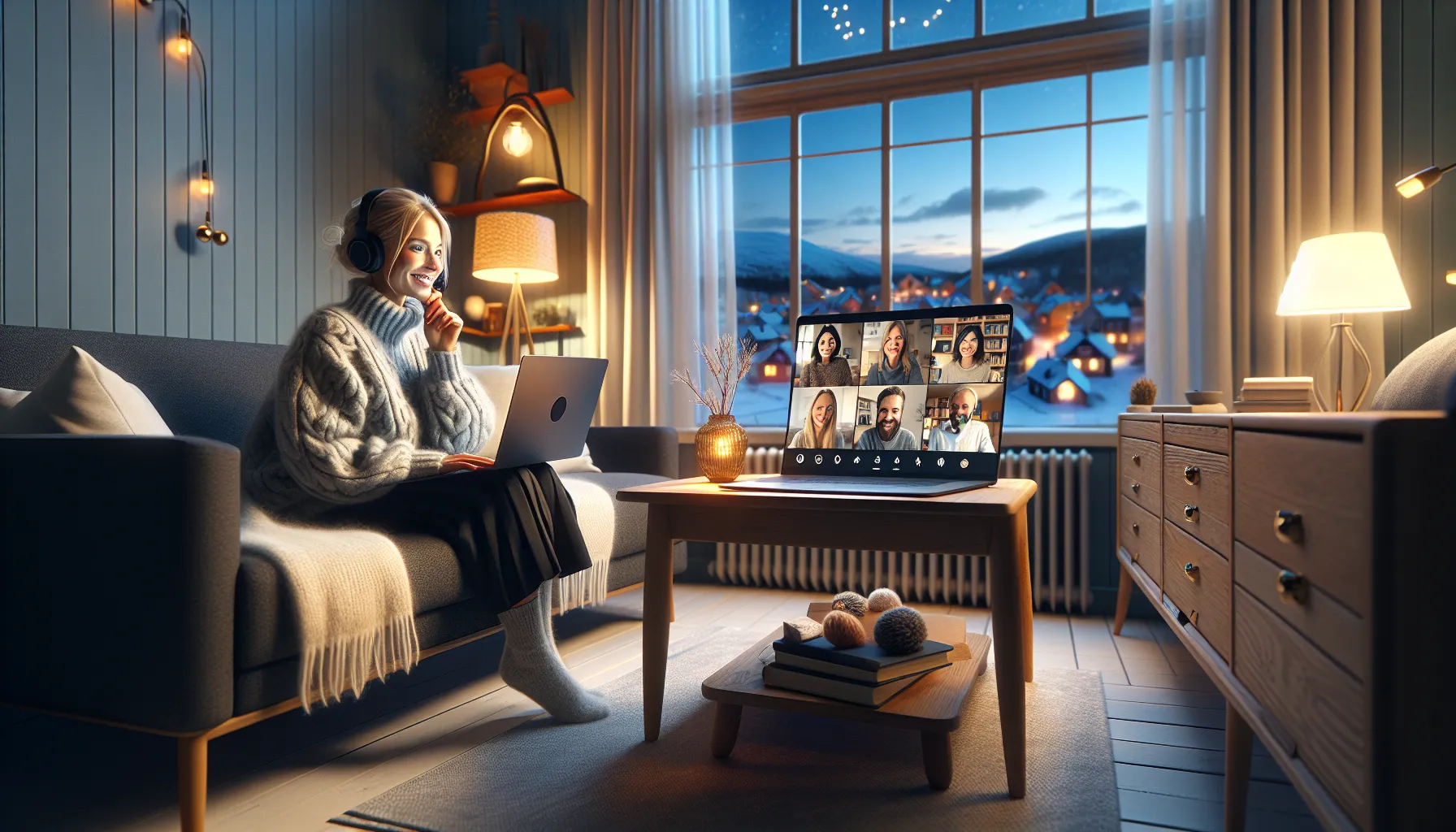 Norwegian woman studies languages online at night with diverse tutors on screen.