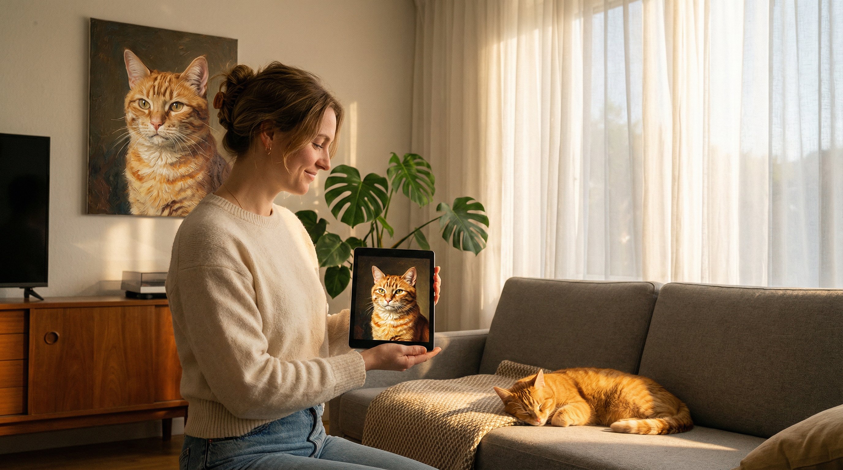 Woman comparing a digital cat portrait on a tablet with a canvas painting on her wall.