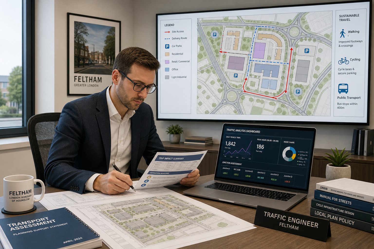 Traffic engineer reviewing planning and transport reports in a modern UK office.