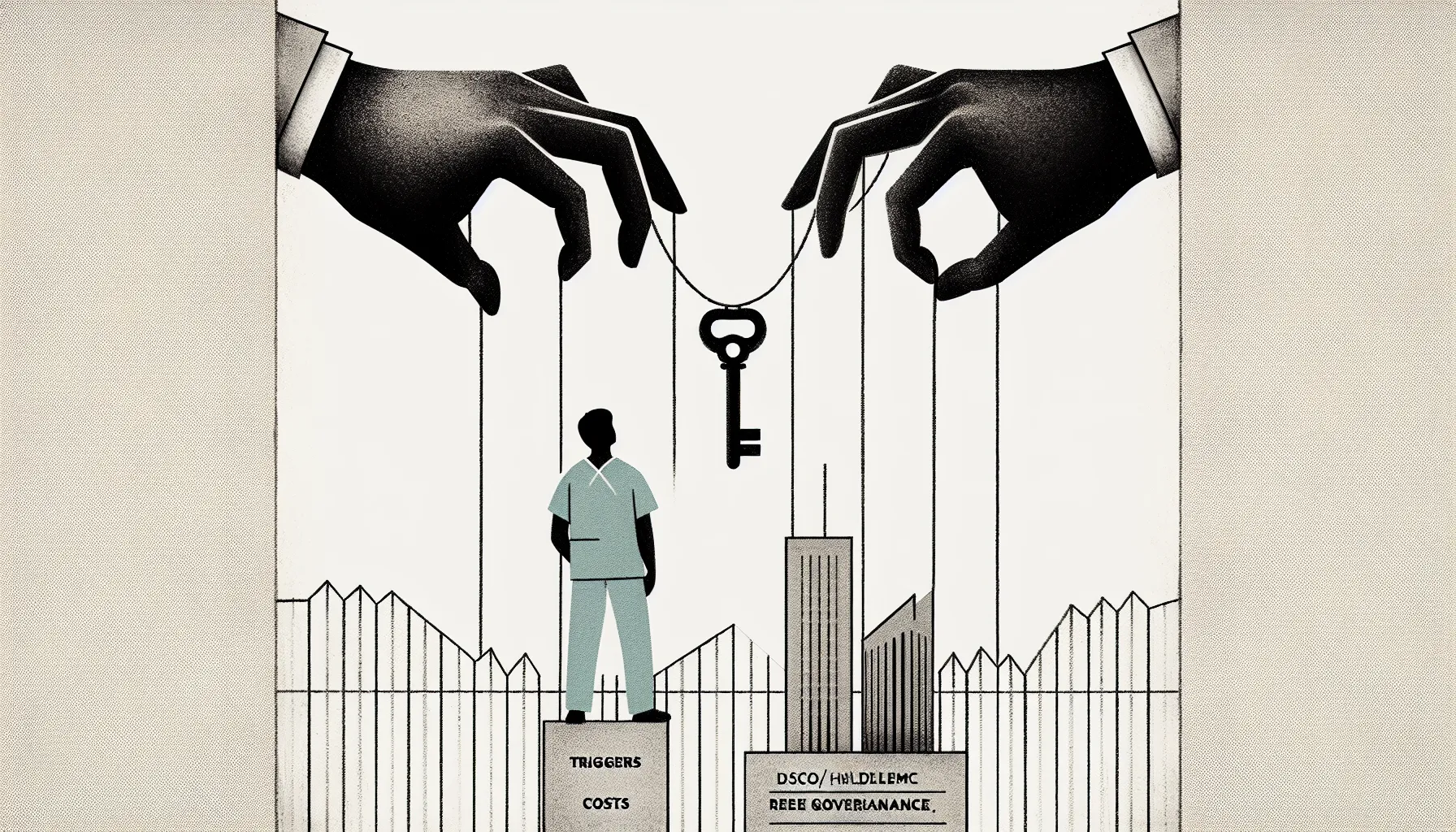 Dental associate reaching for an out-of-reach ownership key controlled by faceless hands.