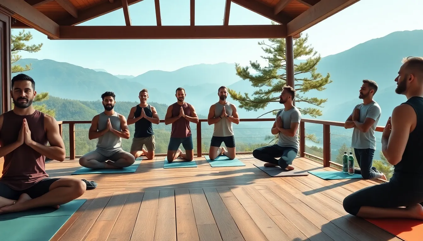 diverse men practicing yoga in a serene mountain retreat.