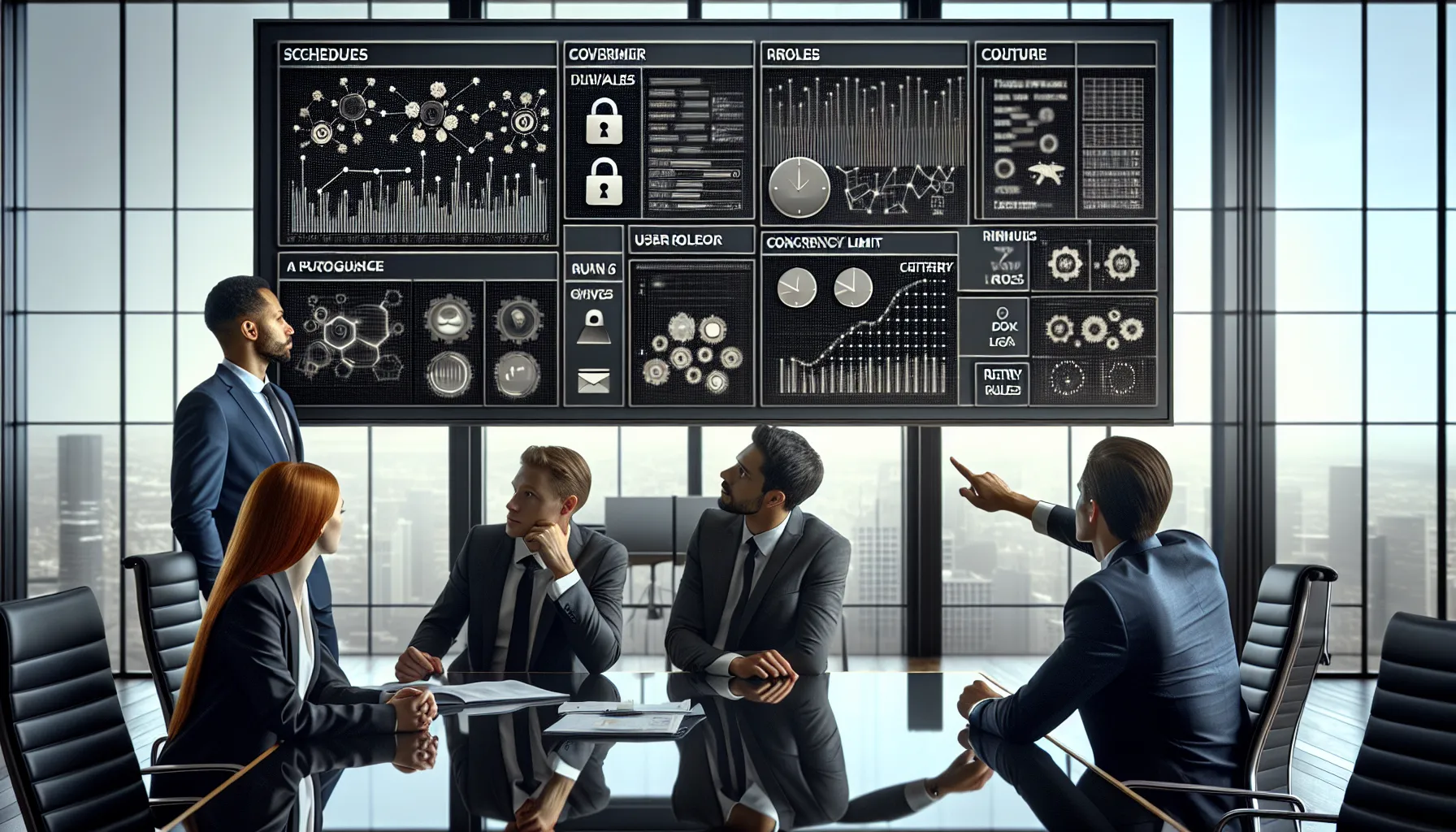 BI team reviewing governed Tableau schedule report delivery console in a modern office.