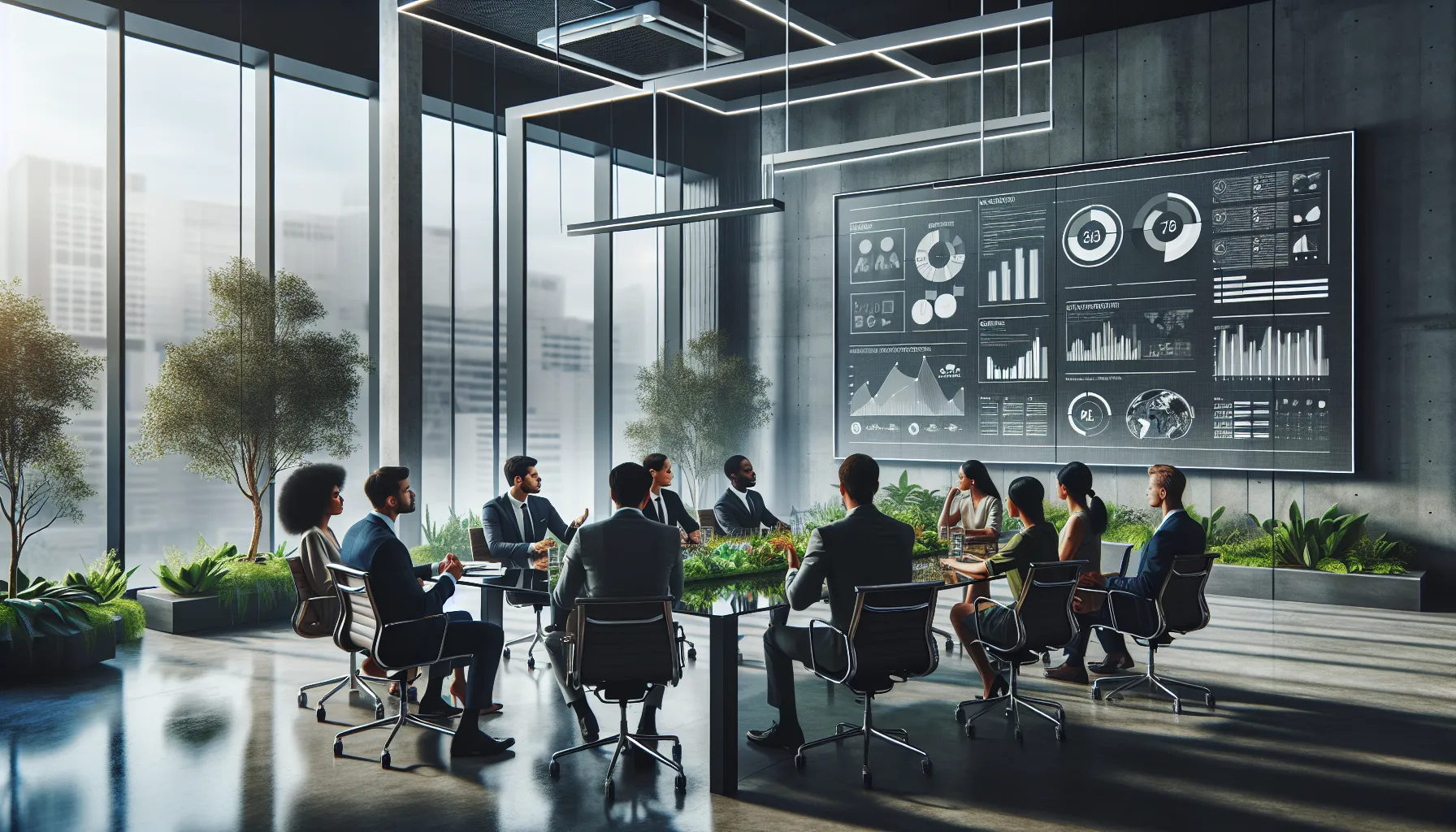 diverse team discussing sustainable business strategies in a modern office.