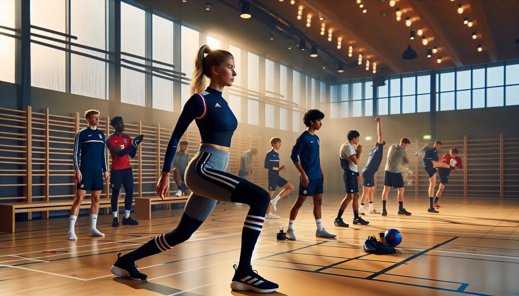 Norwegian athletes performing dynamic warm-up drills for different sports in a sports hall.