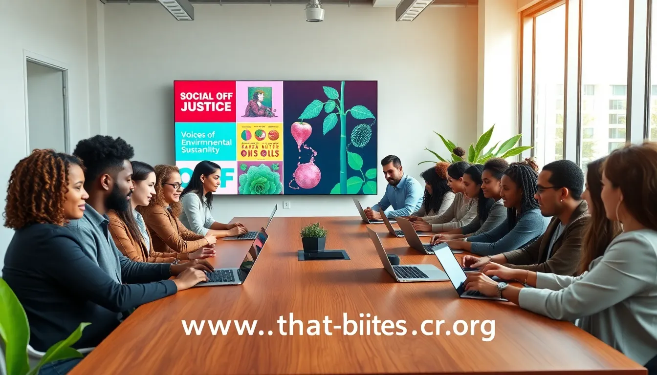 diverse group collaborating on social justice initiatives in a modern office.