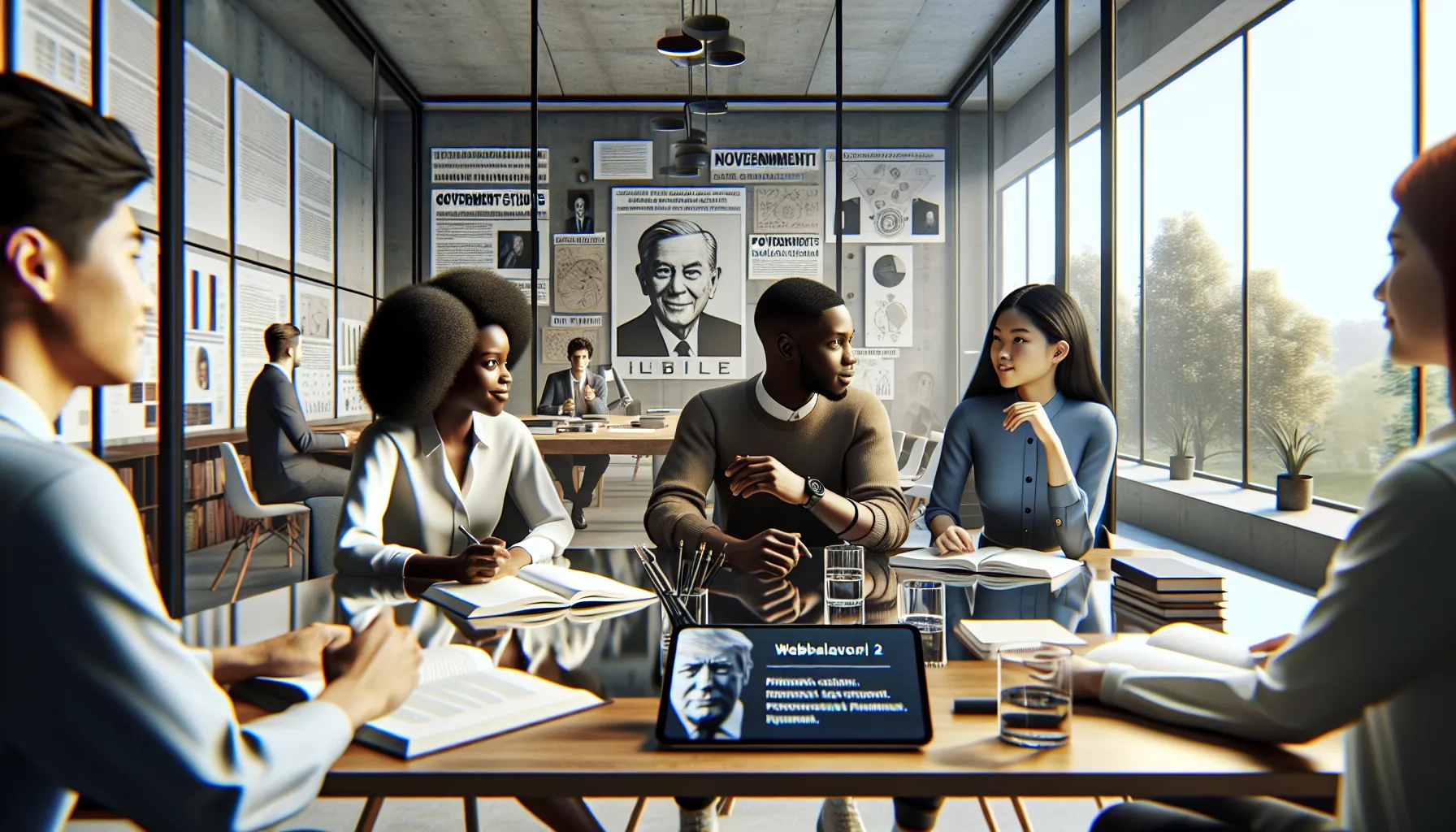 diverse students studying AP Government materials in a modern classroom.