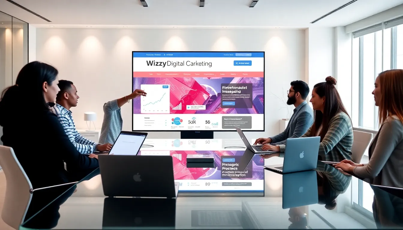 diverse team collaborating on digital marketing strategies in a modern office.