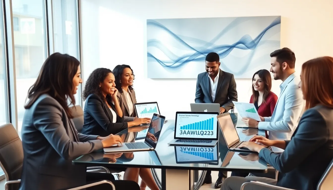 diverse professionals discussing technology in a modern office.