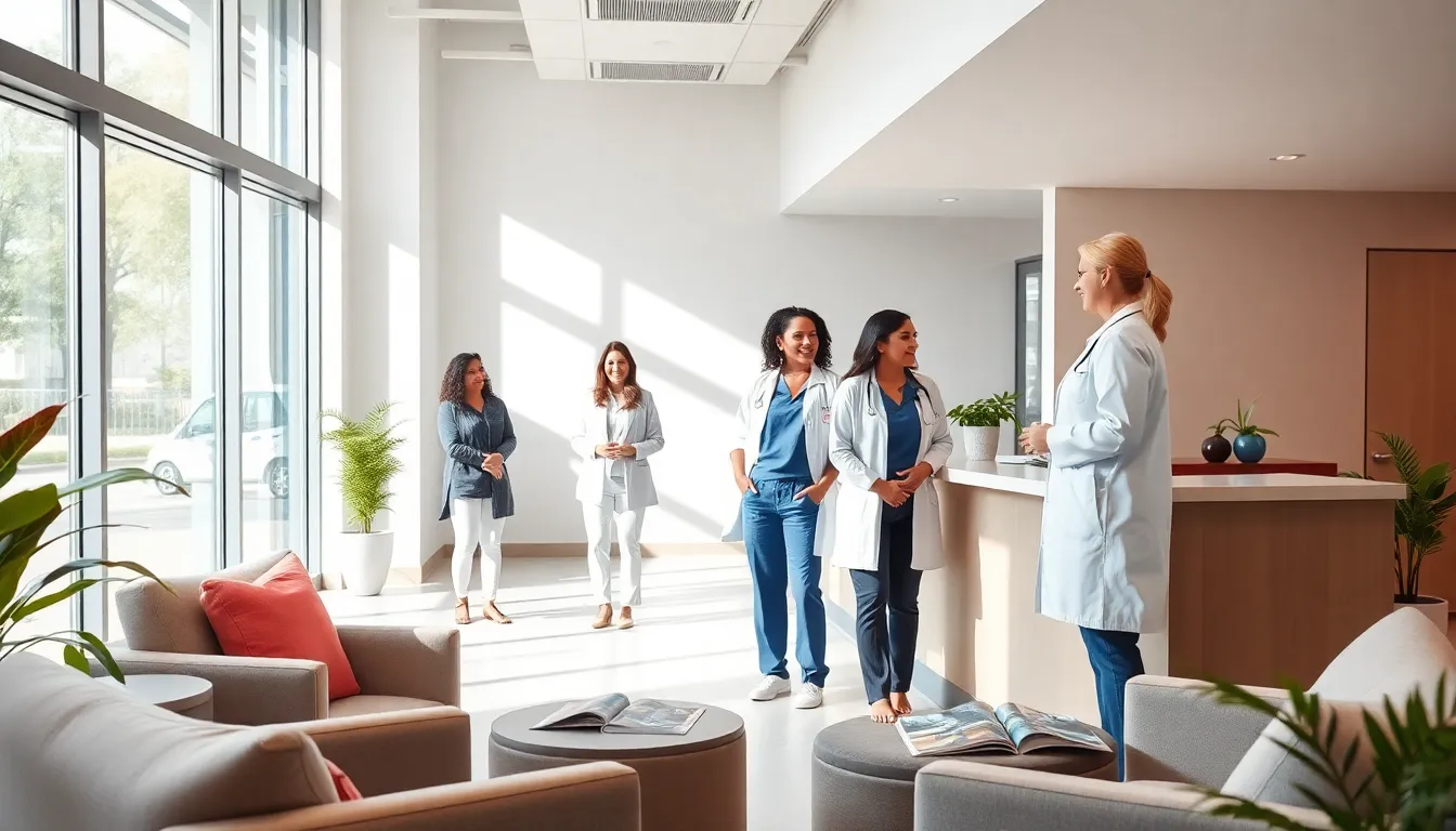welcoming interior of a women's health center with diverse professionals.