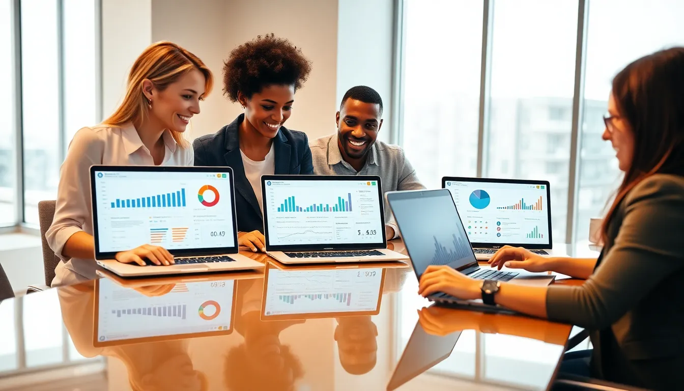 diverse team collaborating on Webbizmagnet in a modern office.