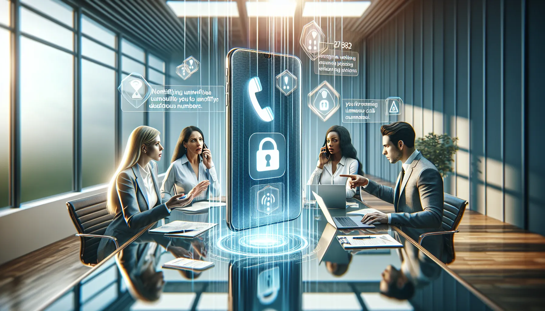 professionals discussing safety measures against unknown numbers in a modern office.