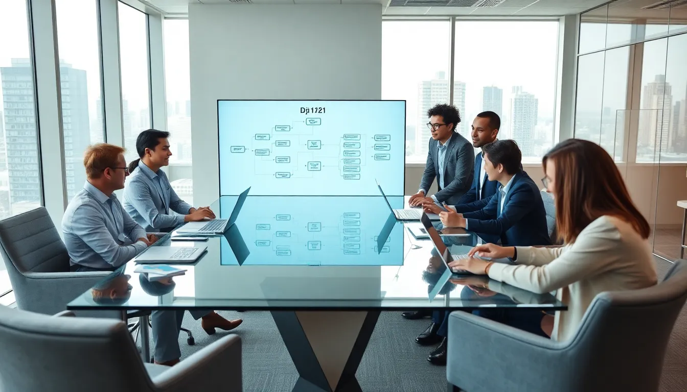 diverse team collaborating on a project in a modern office.
