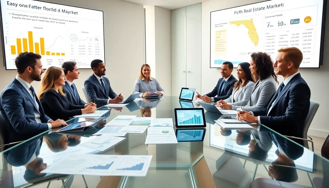 real estate professionals discussing Florida market trends in a modern office.