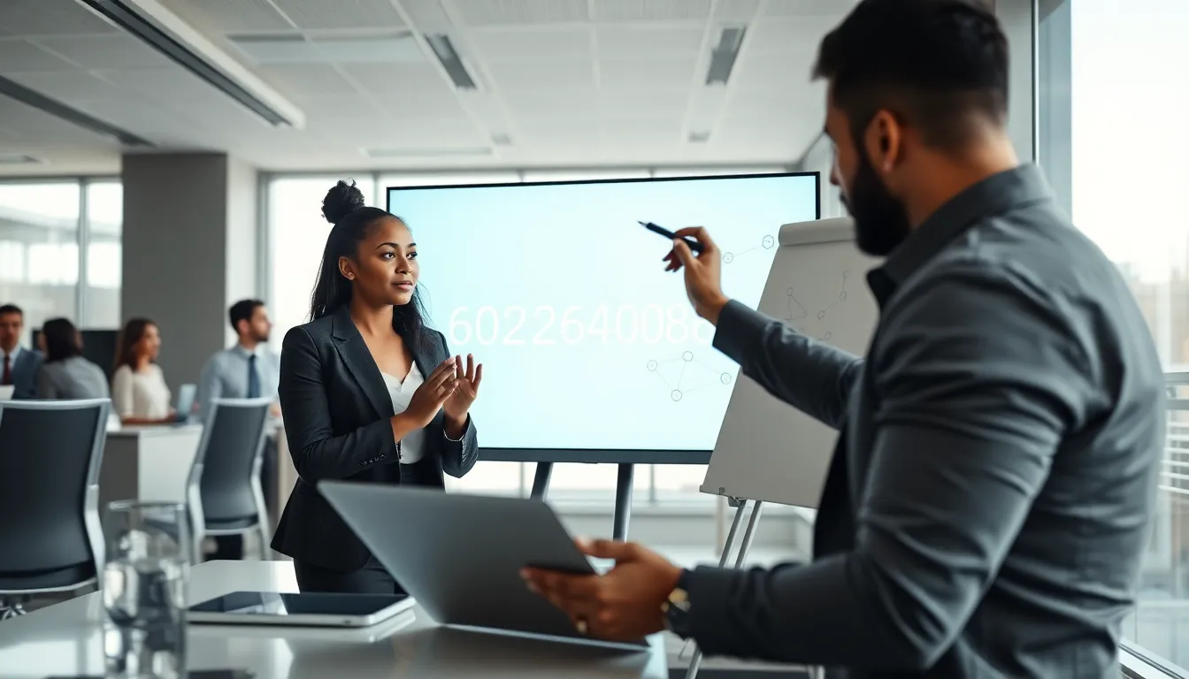 diverse team discussing digital number significance in a modern office.