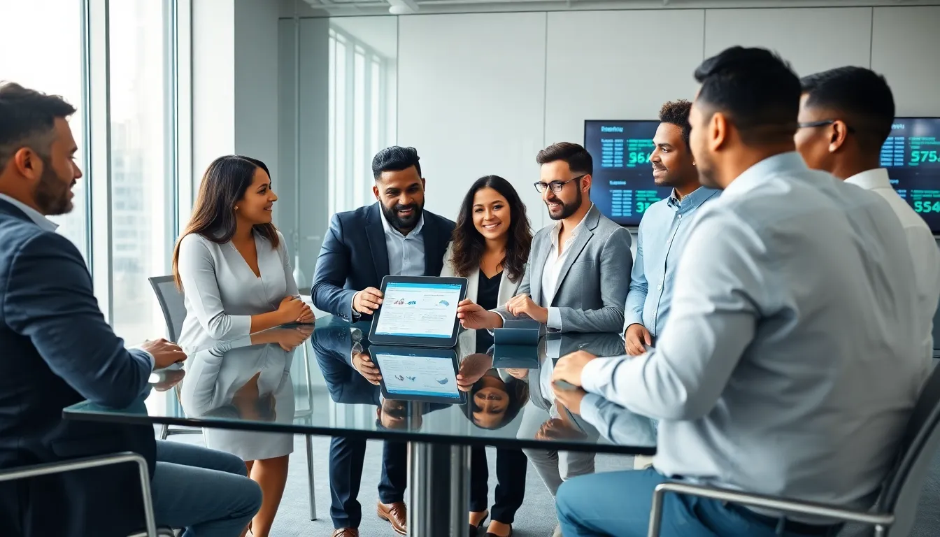diverse team discussing mobile recruiting apps in a modern office.
