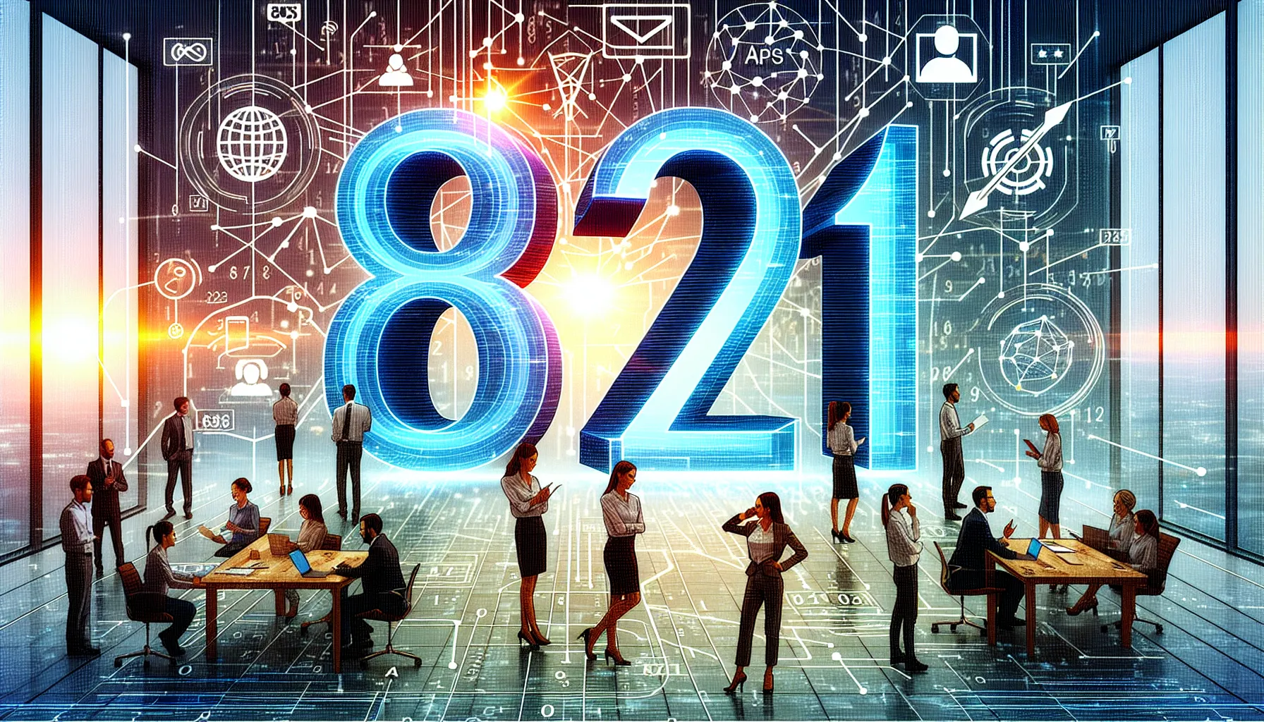 Digital representation of the number 8192827111 in a modern office setting.