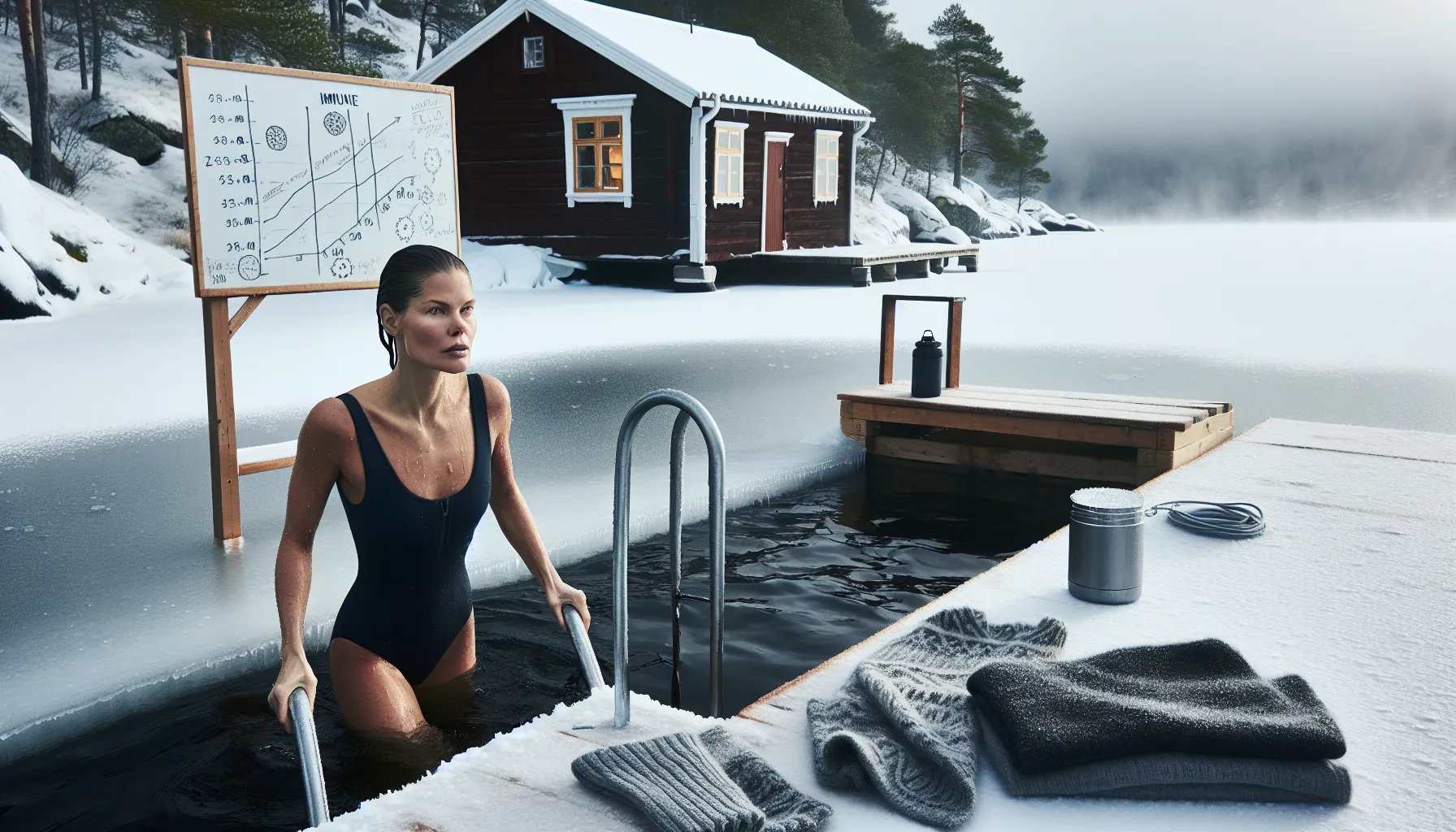 Woman emerging from an ice hole in a norwegian fjord, symbolizing immune benefits.
