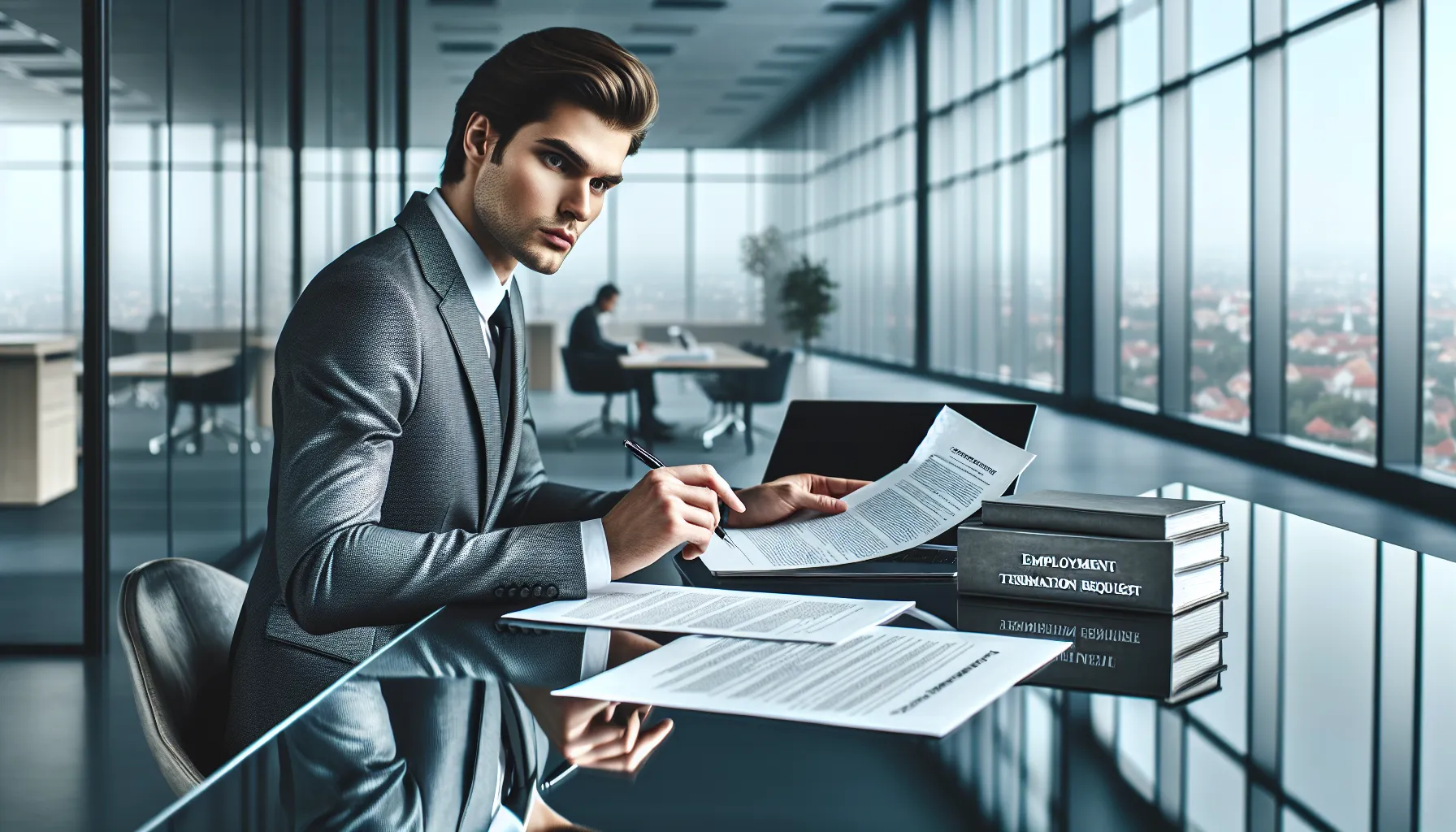 Professional reviewing employment termination documents in modern Croatian office setting.