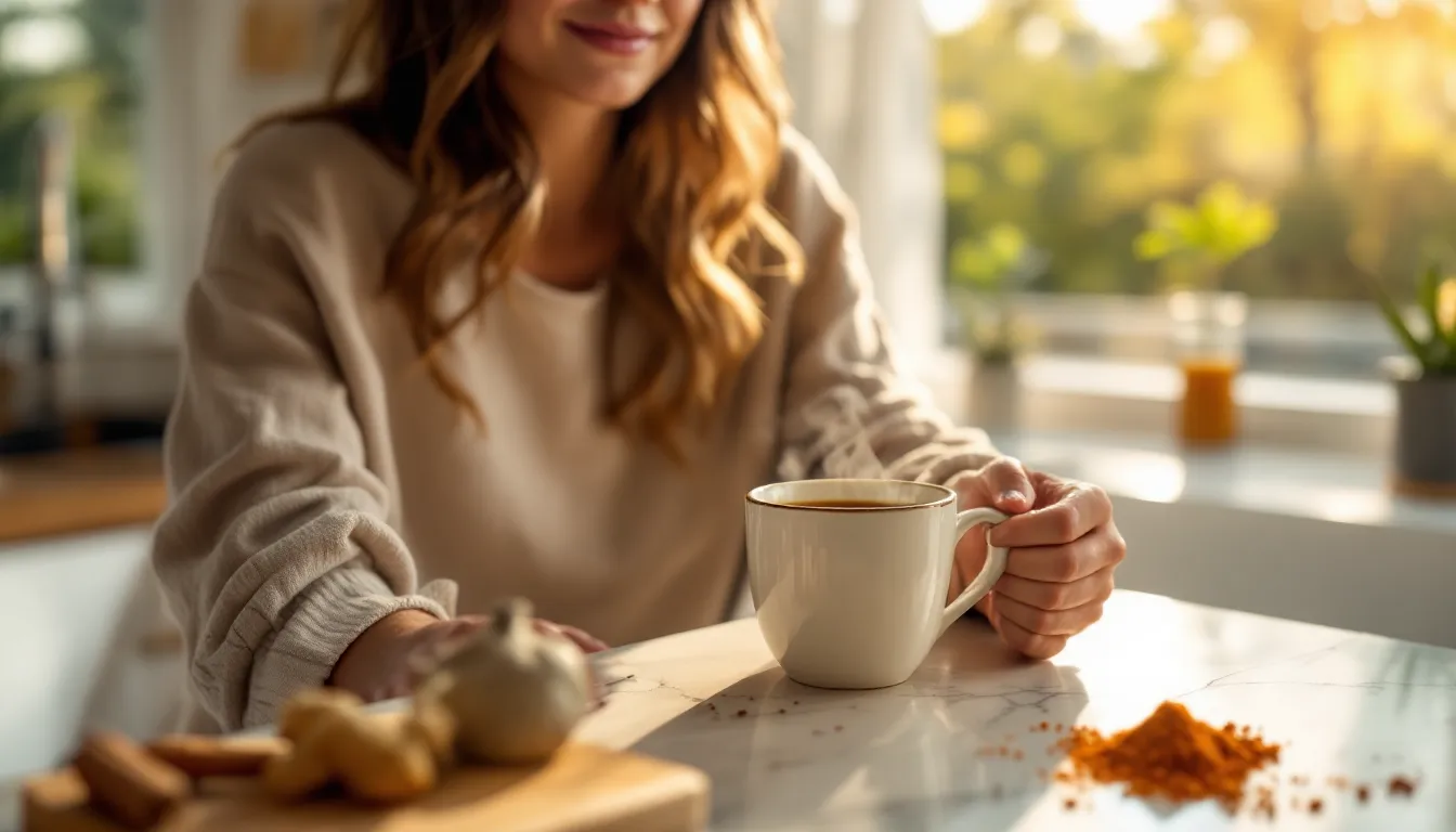 Woman choosing herbal tea over coffee on a sunlit kitchen counter.