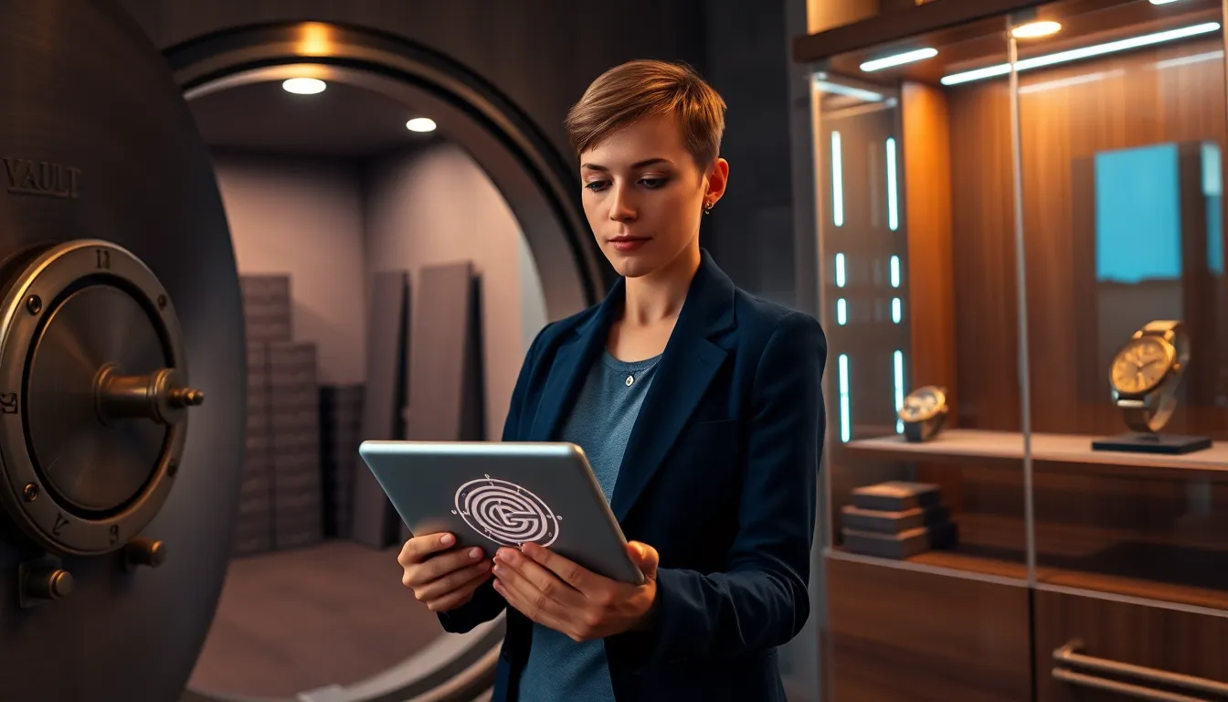 IT manager with tablet in a room showing a bank vault, servers, and collector case.