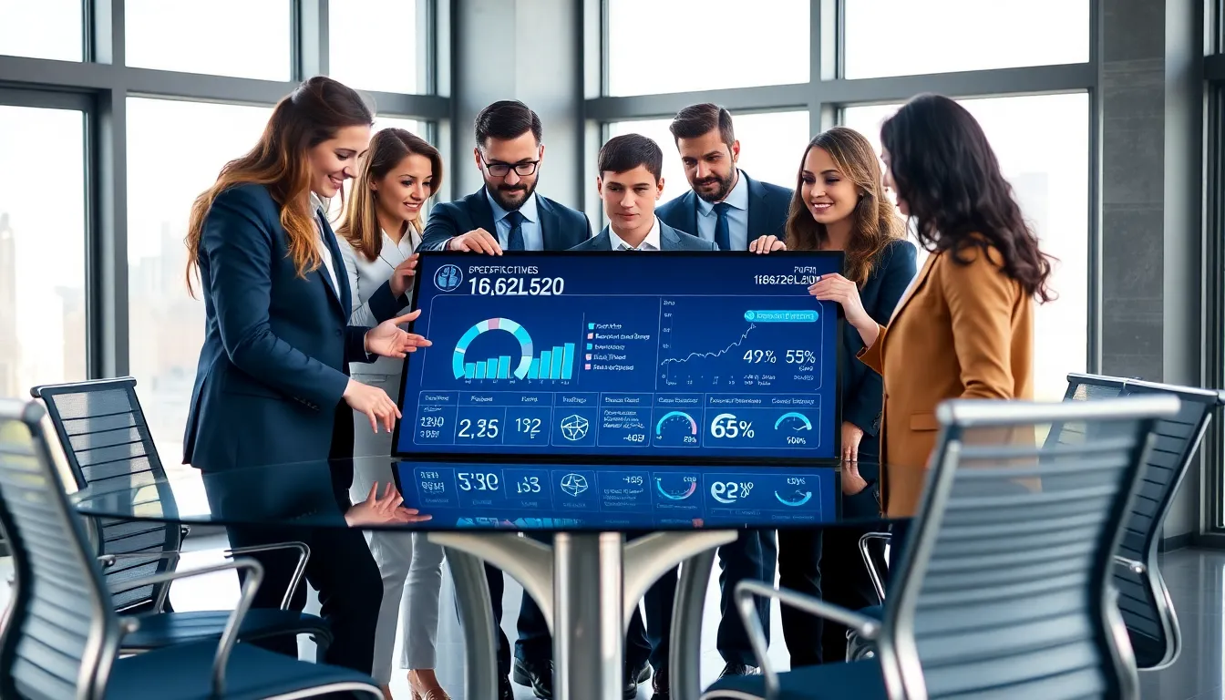 diverse team discussing performance metrics in a modern office.