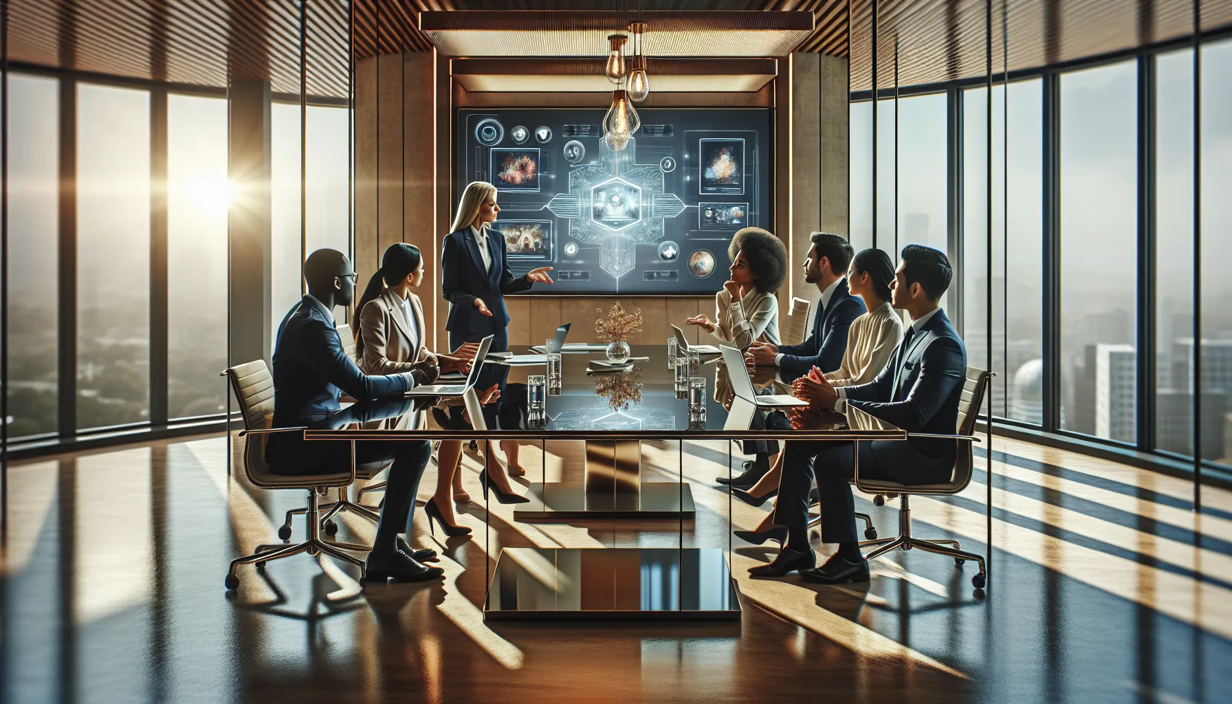 diverse team discussing Hausa media platform in a modern office setting.