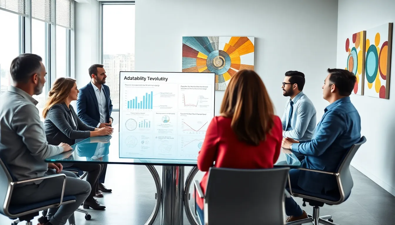 diverse professionals discussing adaptability in a modern conference room.