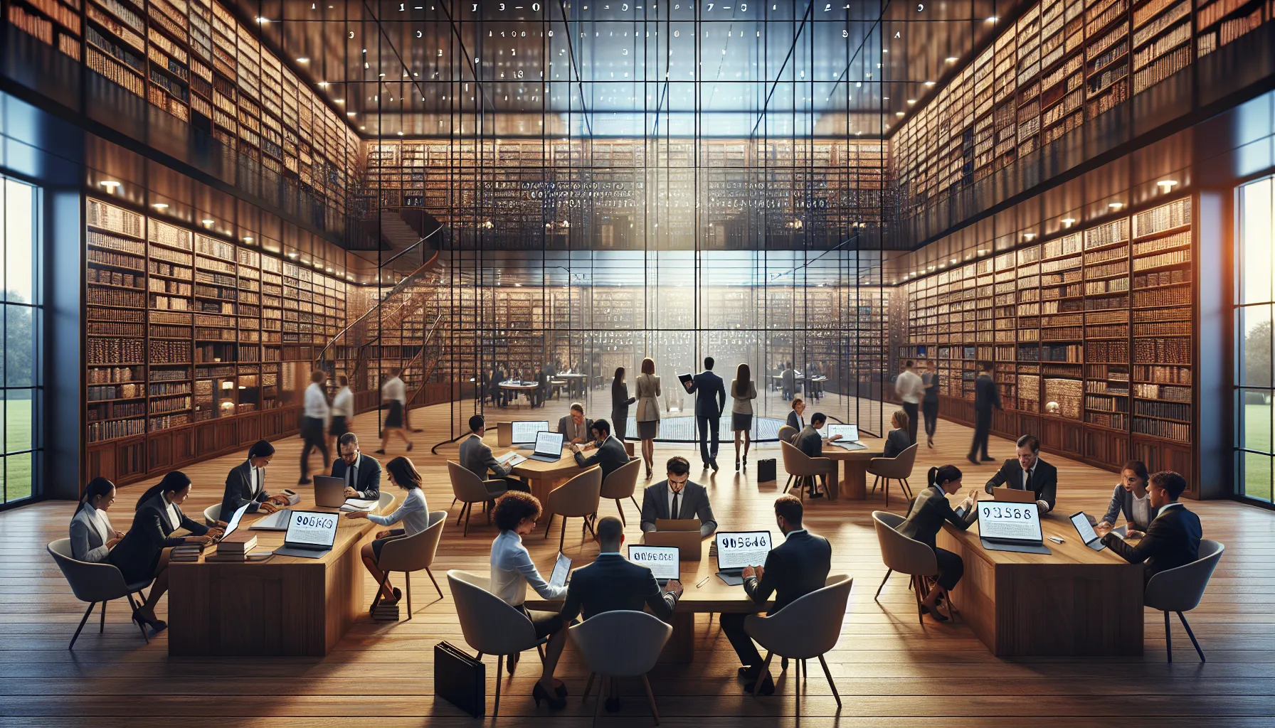 diverse professionals in a modern library discussing numerical data.