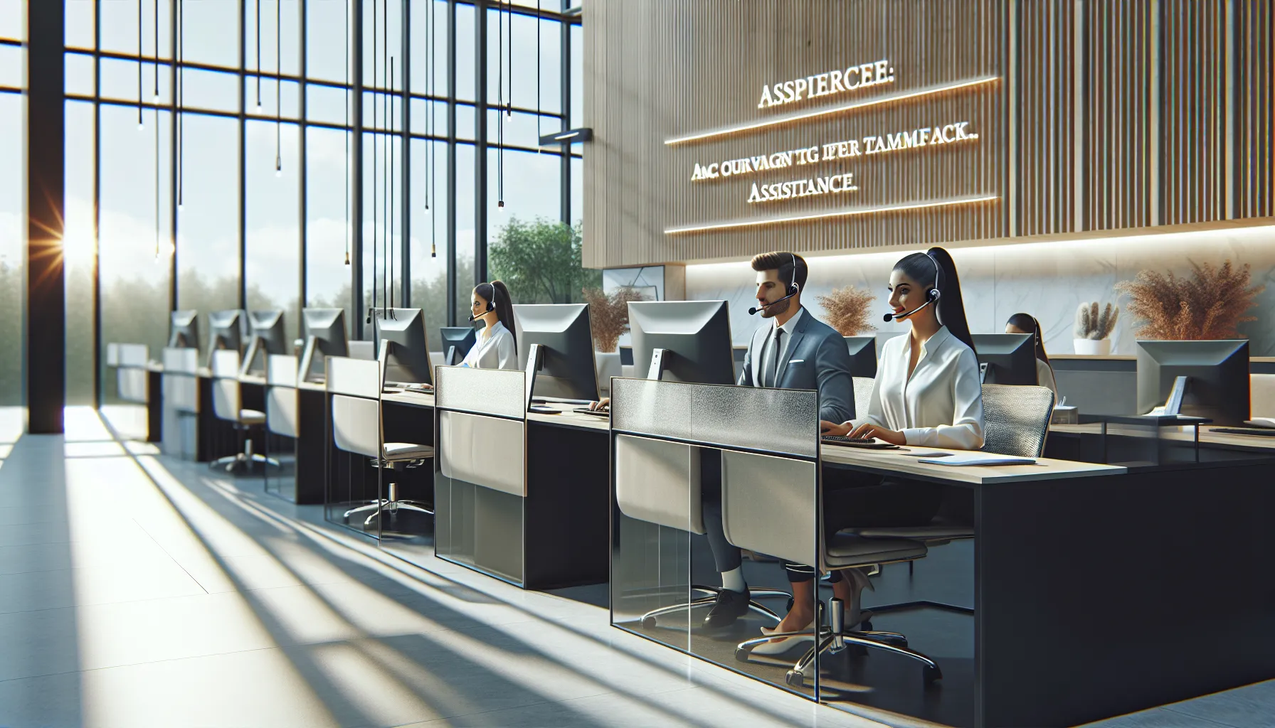 diverse customer service team assisting clients in a modern office.