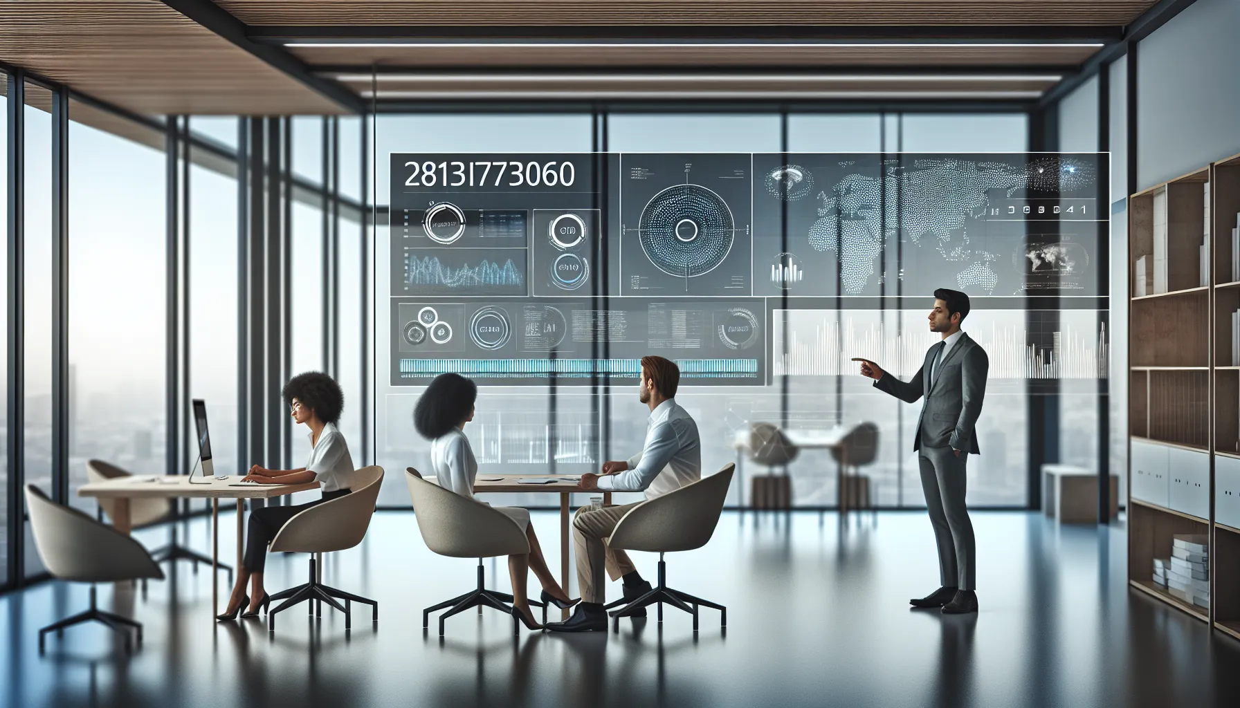 diverse team discussing data in a modern office.