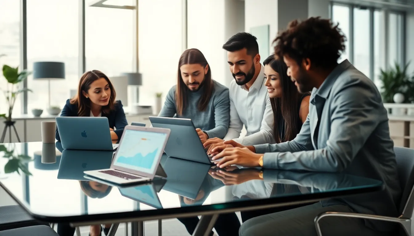 diverse team collaborating in a modern office setting.