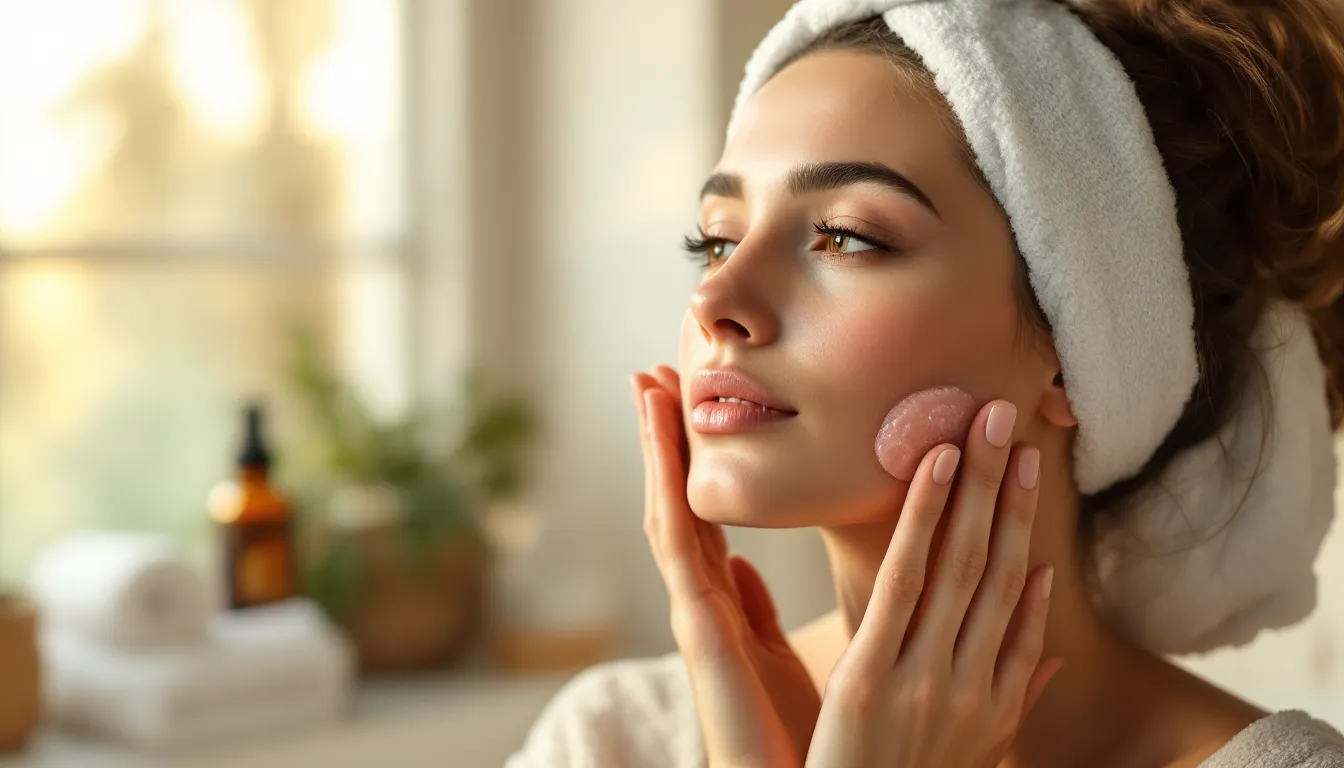 Woman gently gliding a rose quartz gua sha stone along her jawline in morning light.