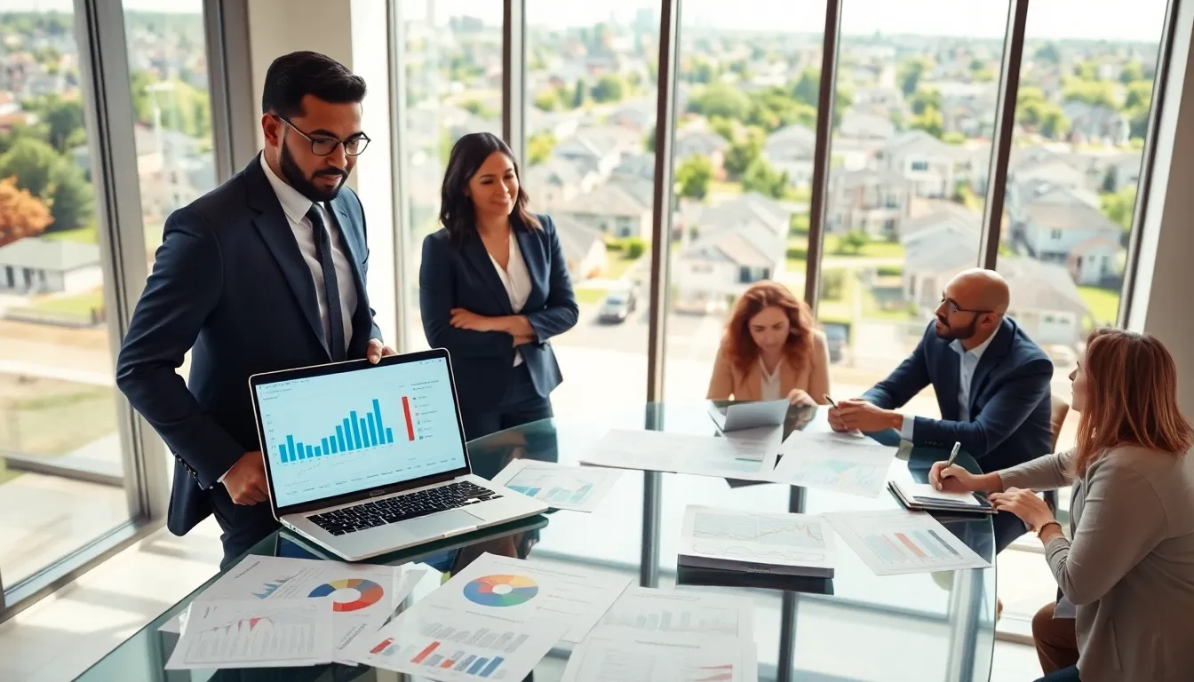 real estate professionals analyzing buying vs renting benefits in a modern office.