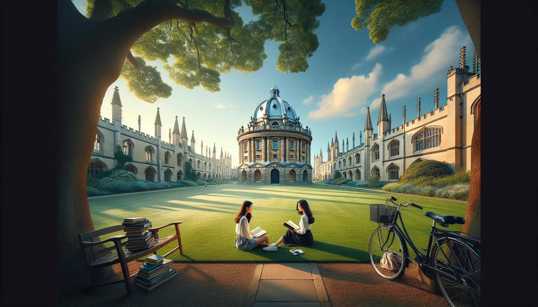students discussing on the lawn of Oxford University with iconic buildings in view.