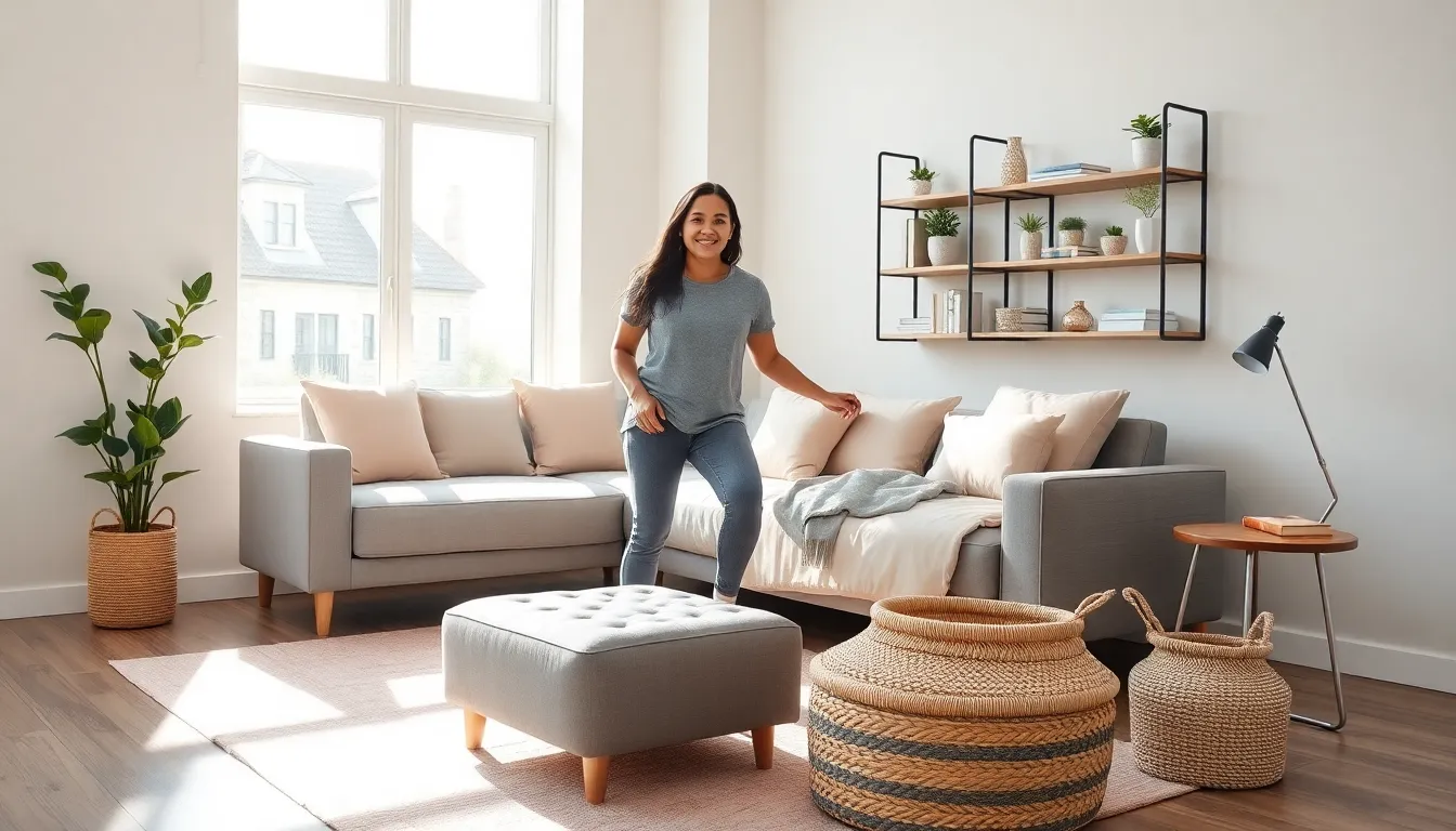 a woman organizing multipurpose furniture in a bright living room.
